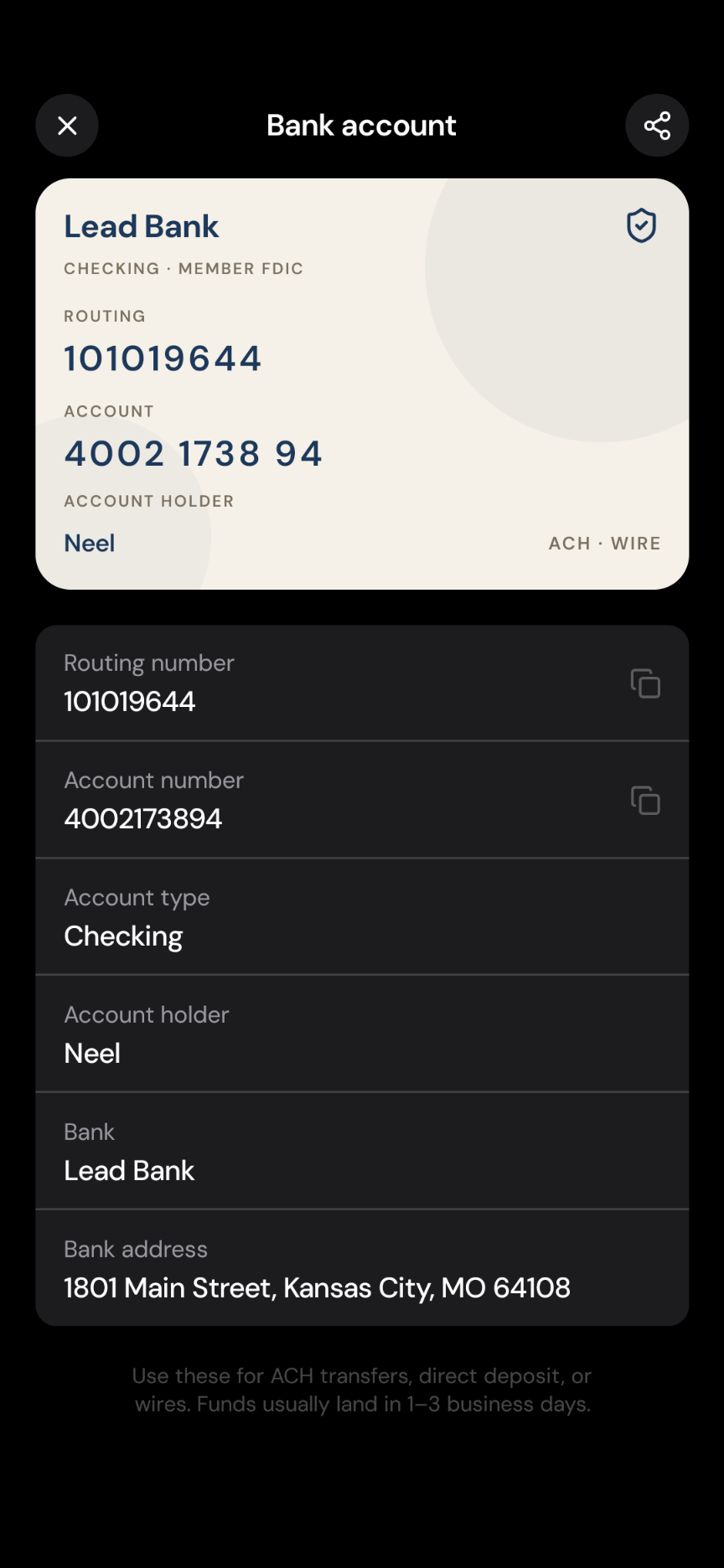 Neel bank account — Lead Bank, routing 101019644