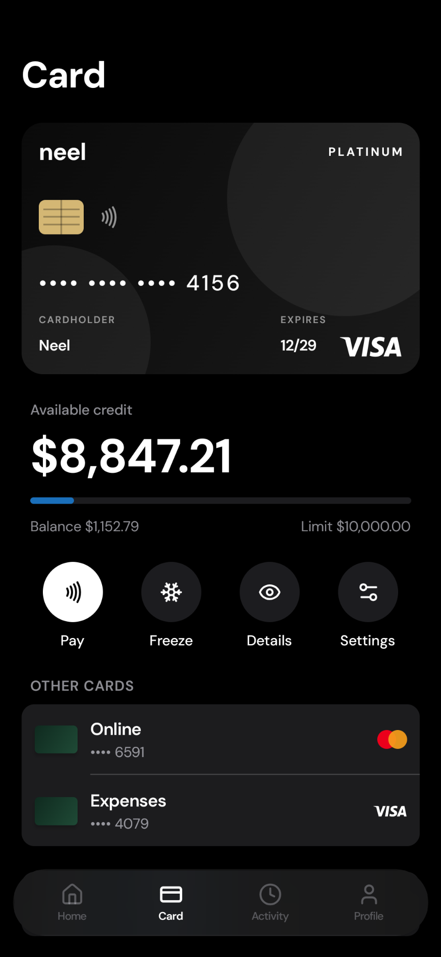 Neel card — $8,847.21 available, Pay · Freeze · Details